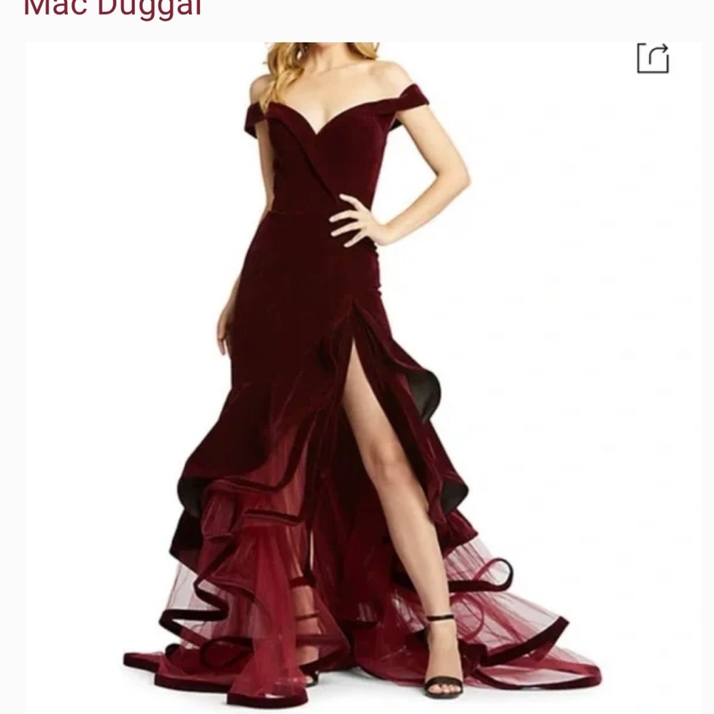 Mac Duggal Velvet off the shoulder gown